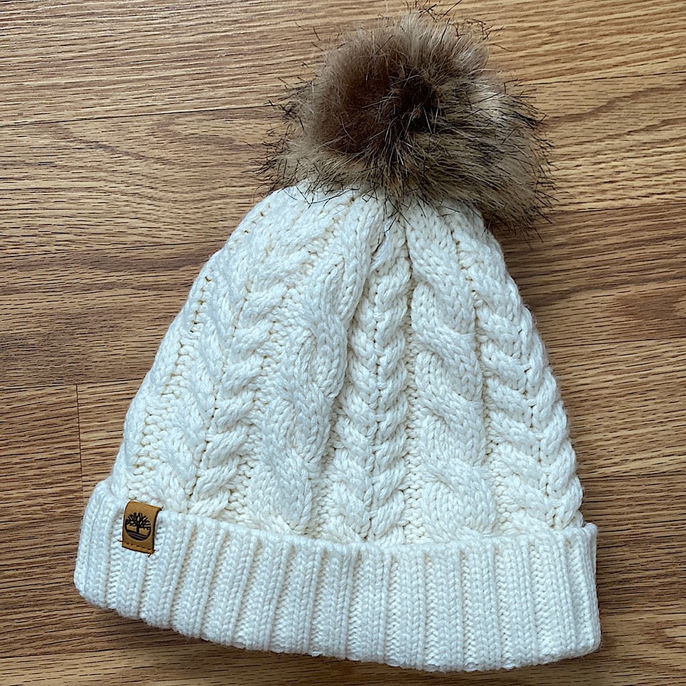 Timberland White Beanie with Puff